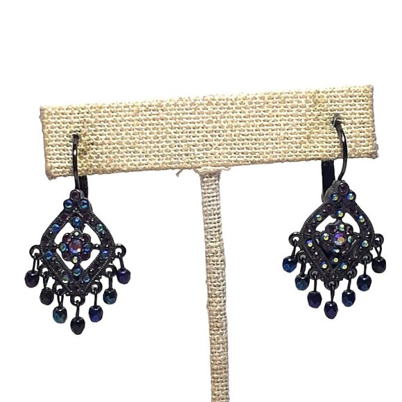 Vintage JOAN RIVERS Gunmetal Aurora Borealis Chandelier Pierced Earrings - Picture 3 of 12